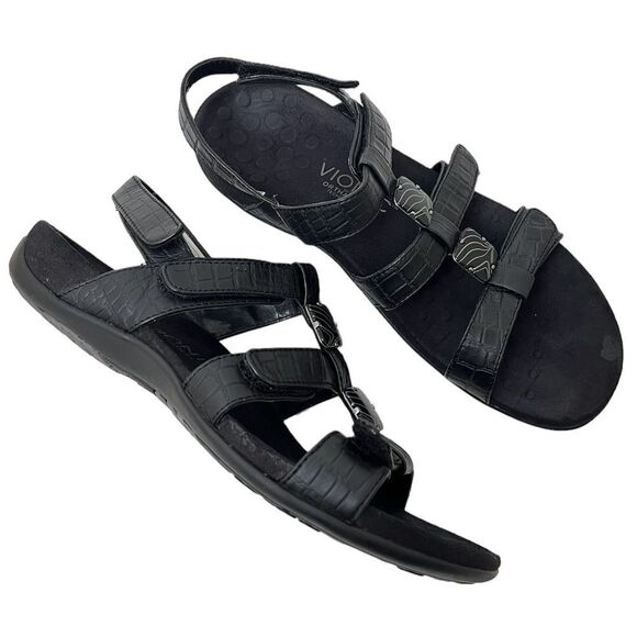 Vionic Shoes - Vionic Amber Strappy Slide Sandals Croc Embossed Black Adjustable Straps Size 9